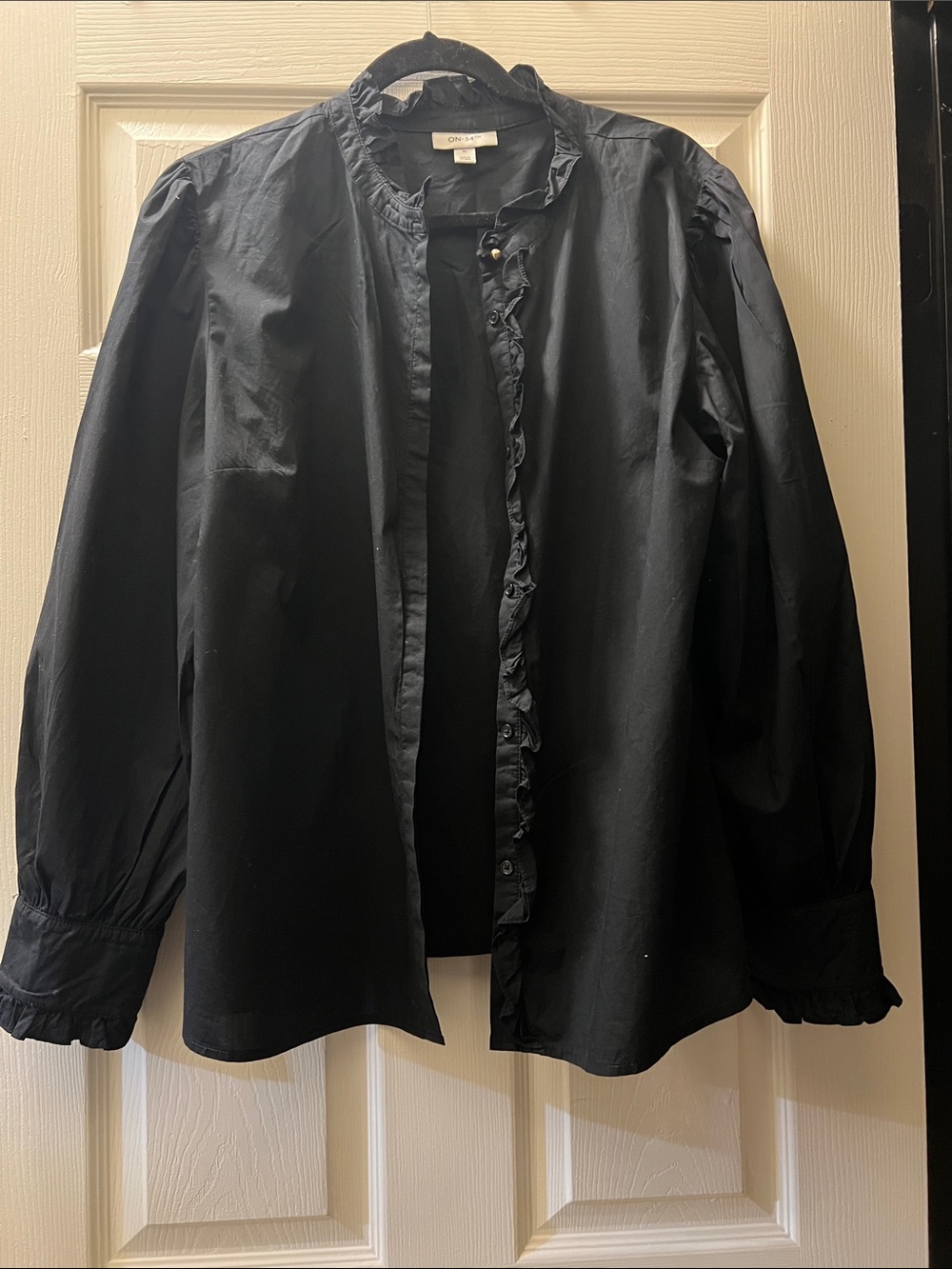 On 34th Black Ruffle-Trim Button Front blouse